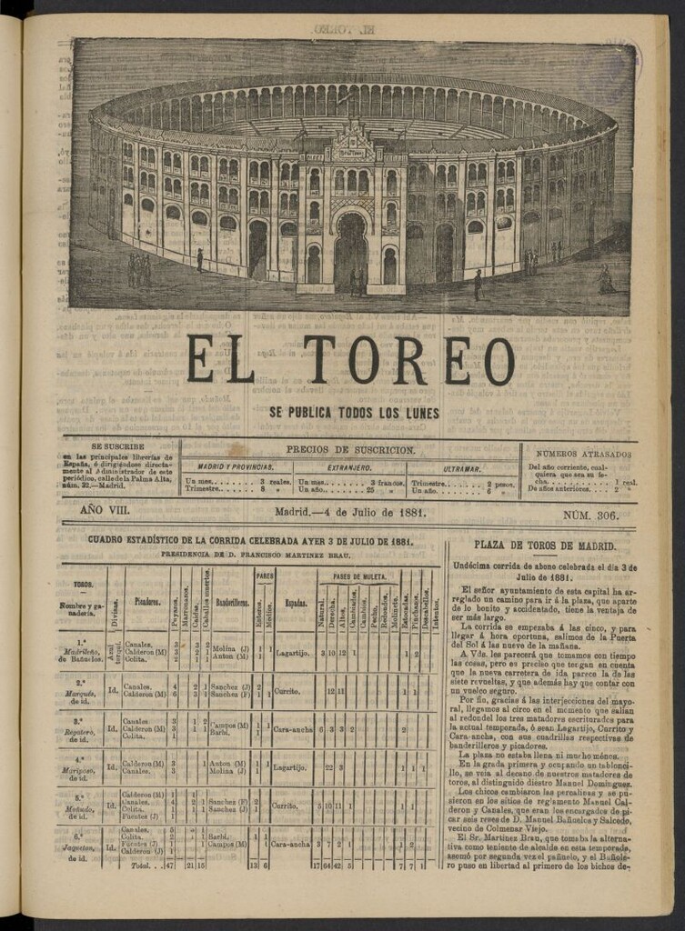 Miniatura de El Toreo: suplemento a "La Correspondencia Teatral" del 4 de julio de 1881, nº 306