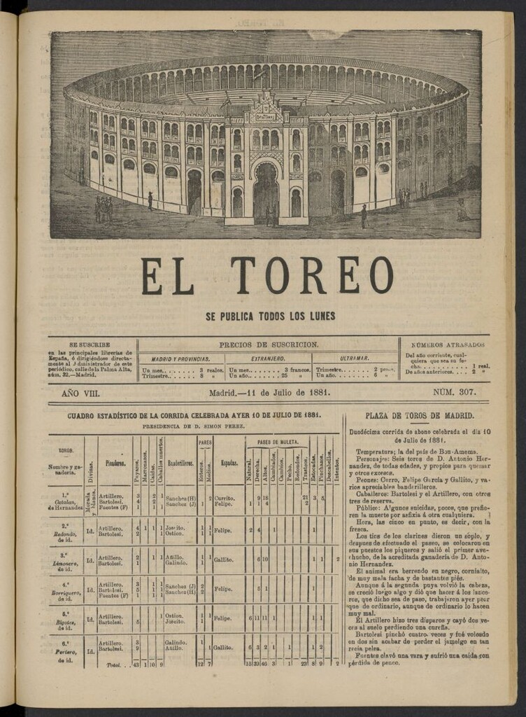 Miniatura de El Toreo: suplemento a "La Correspondencia Teatral" del 11 de julio de 1881, nº 307