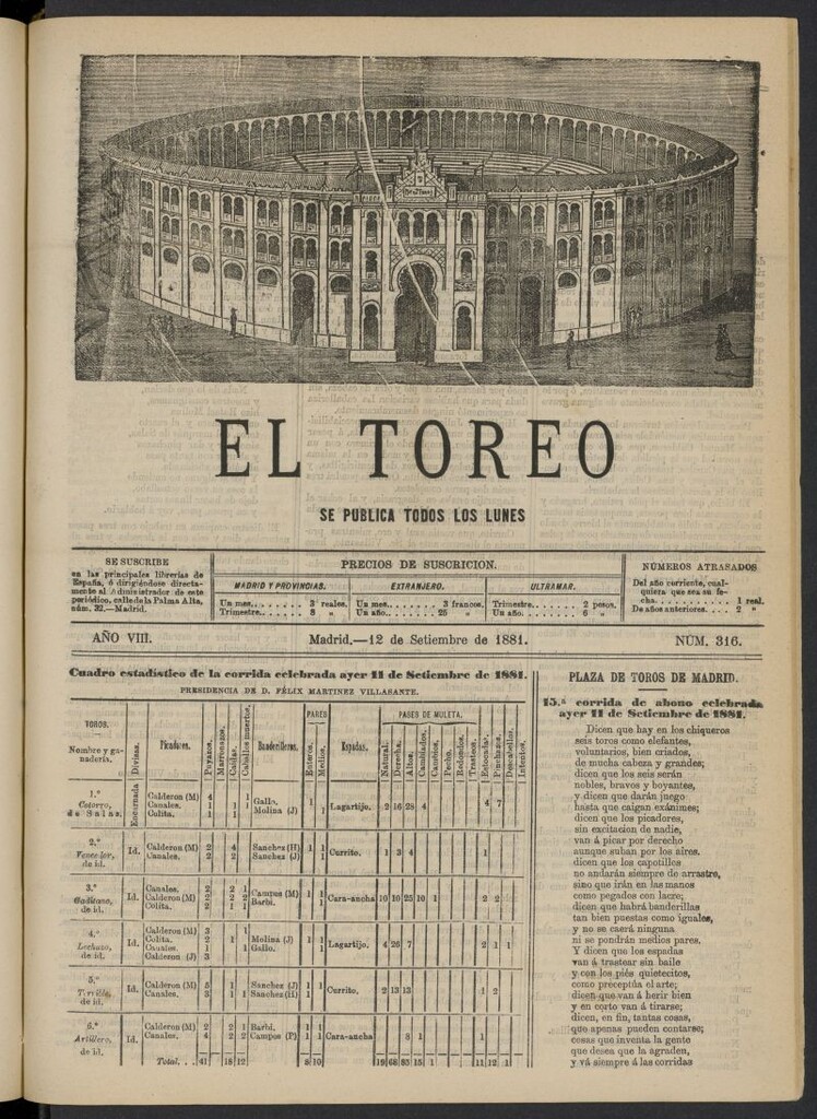 Miniatura de El Toreo: suplemento a "La Correspondencia Teatral" del 12 de septiembre de 1881, nº 316