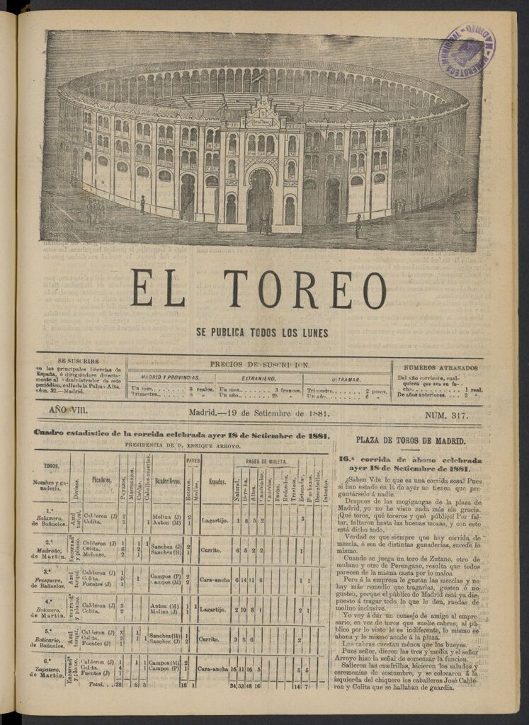 Miniatura de El Toreo: suplemento a "La Correspondencia Teatral" del 19 de septiembre de 1881, nº 317