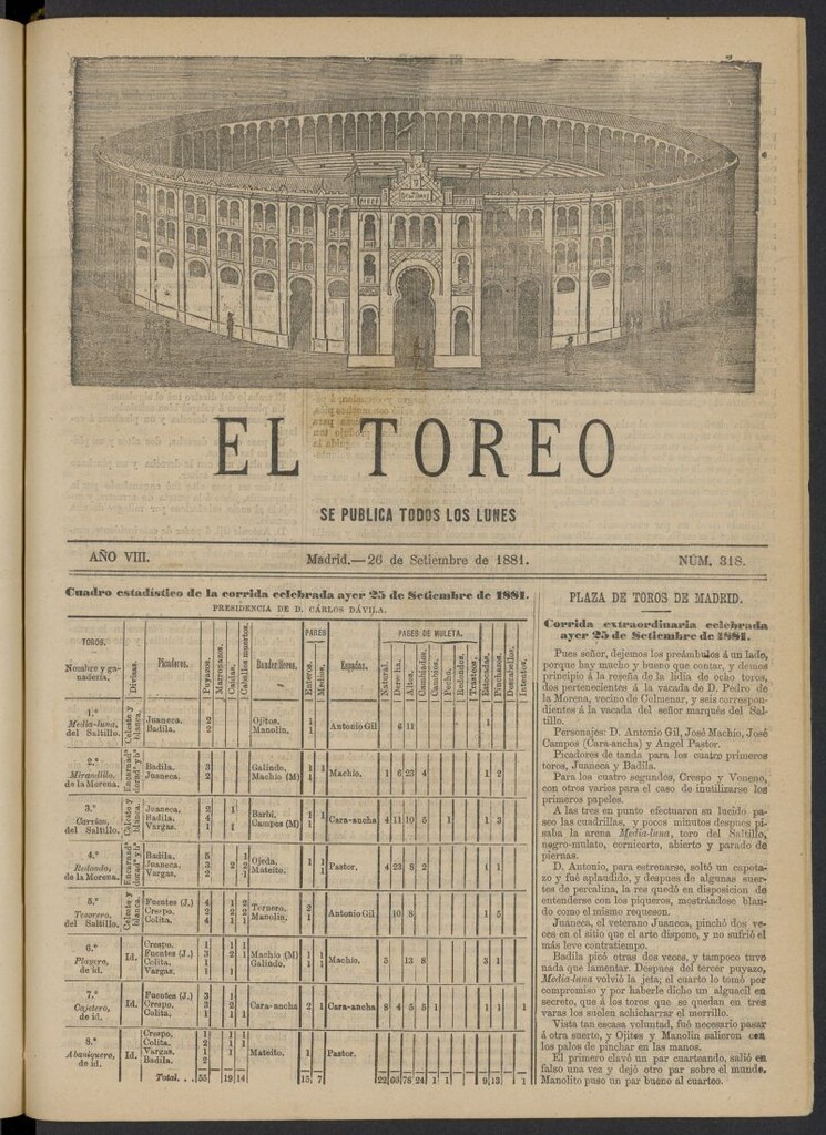 Miniatura de El Toreo: suplemento a "La Correspondencia Teatral" del 26 de septiembre de 1881, nº 318