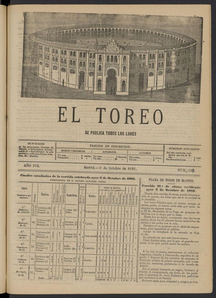 Miniatura de El Toreo: suplemento a "La Correspondencia Teatral" del 3 de octubre de 1881, nº 193 [sic]