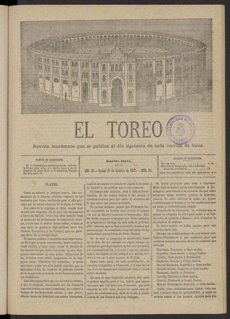 Miniatura de El Toreo: suplemento a "La Correspondencia Teatral" del 29 de octubre de 1877, nº 98