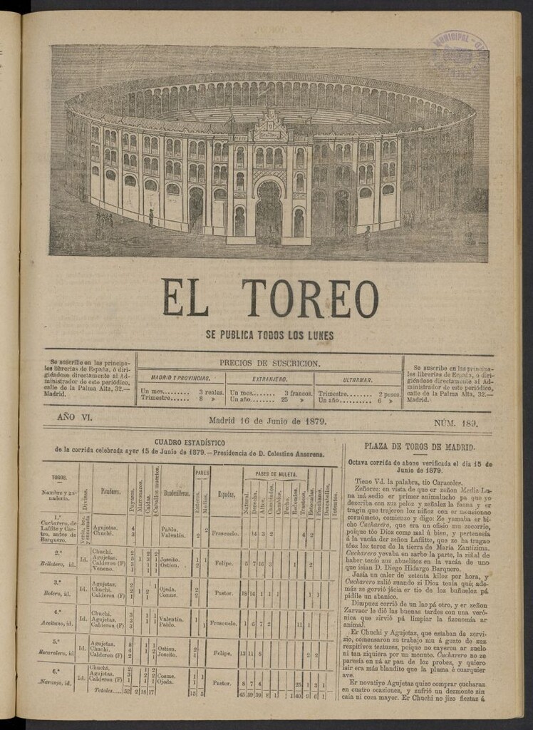 Miniatura de El Toreo: suplemento a "La Correspondencia Teatral" del 16 de junio de 1879, nº 189