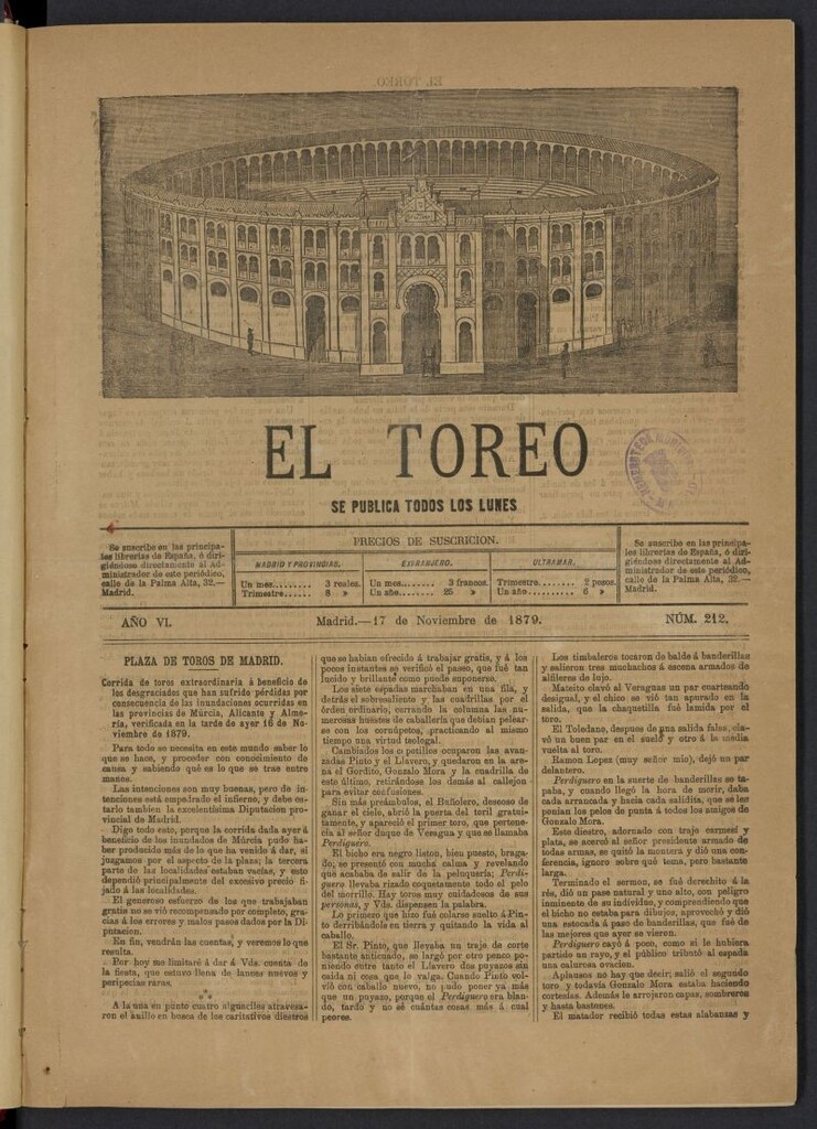 Miniatura de El Toreo: suplemento a "La Correspondencia Teatral" del 17 de noviembre de 1879, nº 212