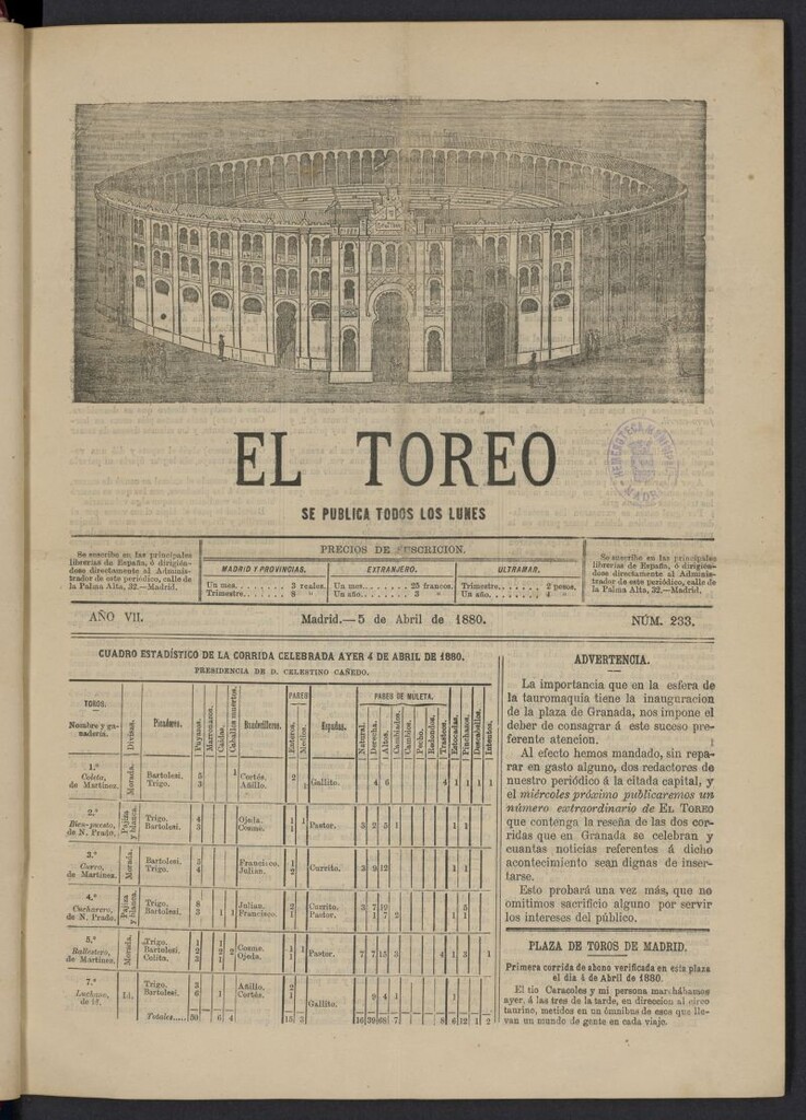 Miniatura de El Toreo: suplemento a "La Correspondencia Teatral" del 5 de abril de 1880, nº 233