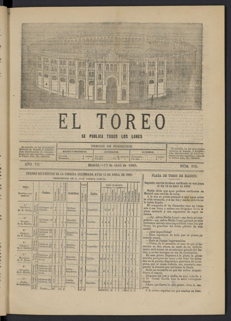 Miniatura de El Toreo: suplemento a "La Correspondencia Teatral" del 13 de abril de 1880, nº 235