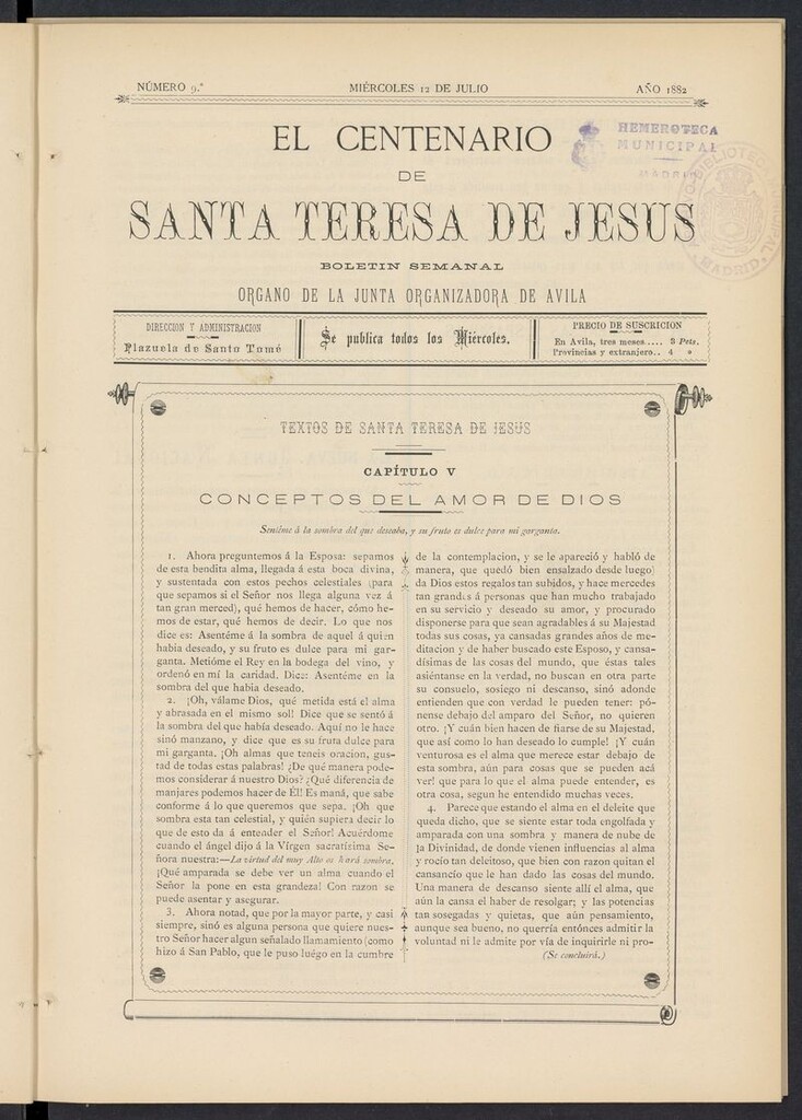 Miniatura de El Centenario de Santa Teresa de Jesús del 12 de julio de 1882