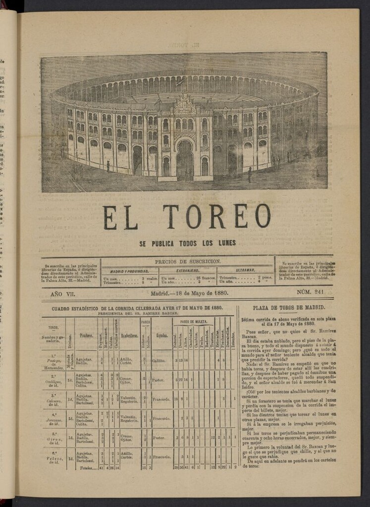 Miniatura de El Toreo: suplemento a "La Correspondencia Teatral" del 18 de mayo de 1880, nº 241