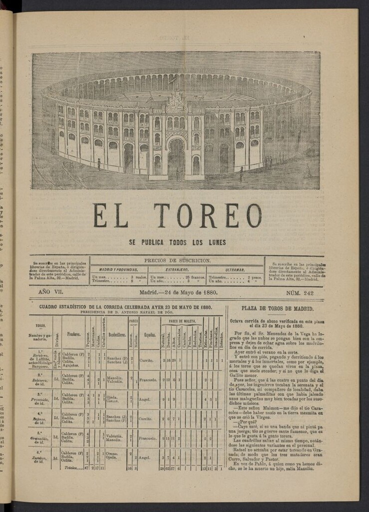 Miniatura de El Toreo: suplemento a "La Correspondencia Teatral" del 24 de mayo de 1880, nº 242