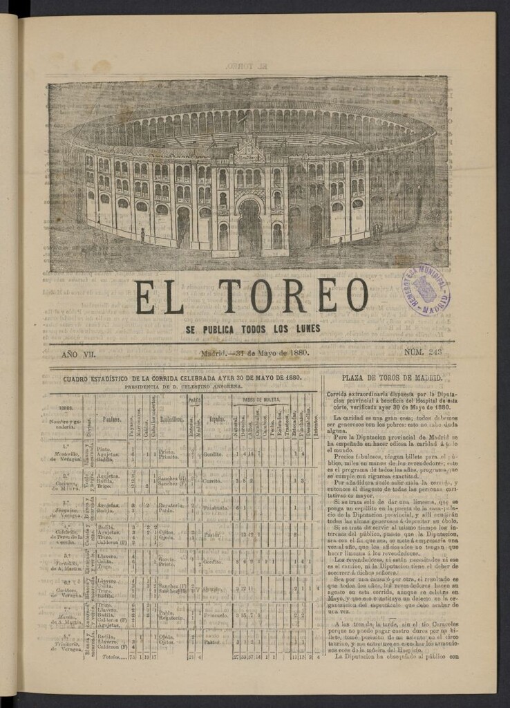 Miniatura de El Toreo: suplemento a "La Correspondencia Teatral" del 31 de mayo de 1880, nº 243