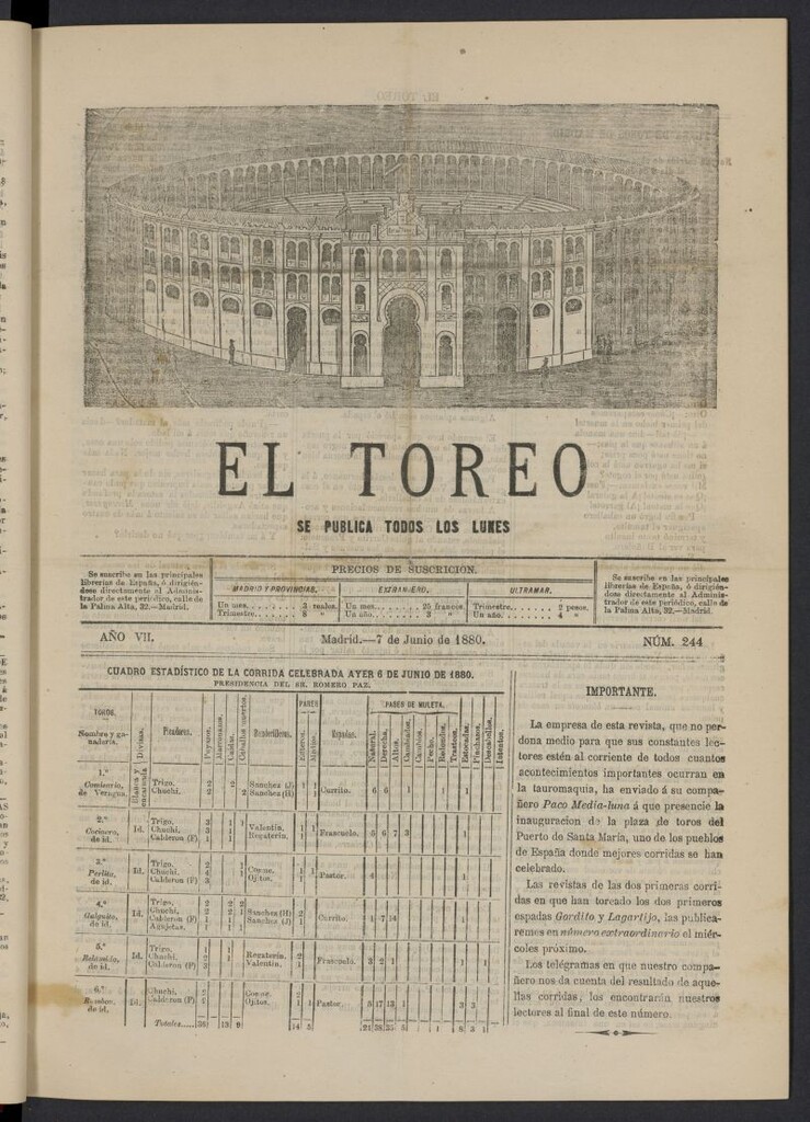 Miniatura de El Toreo: suplemento a "La Correspondencia Teatral" del 7 de junio de 1880, nº 244