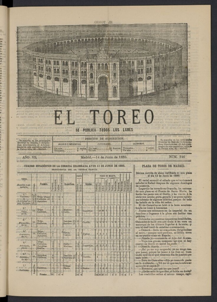 Miniatura de El Toreo: suplemento a "La Correspondencia Teatral" del 14 de junio de 1880, nº 246