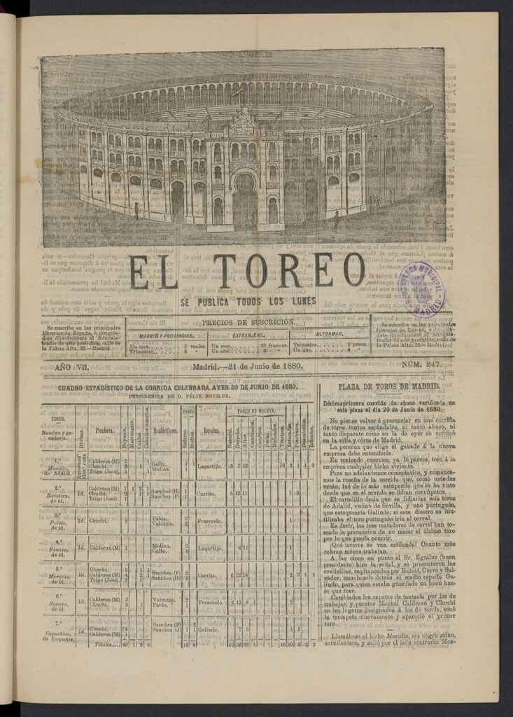 Miniatura de El Toreo: suplemento a "La Correspondencia Teatral" del 21 de junio de 1880, nº 247