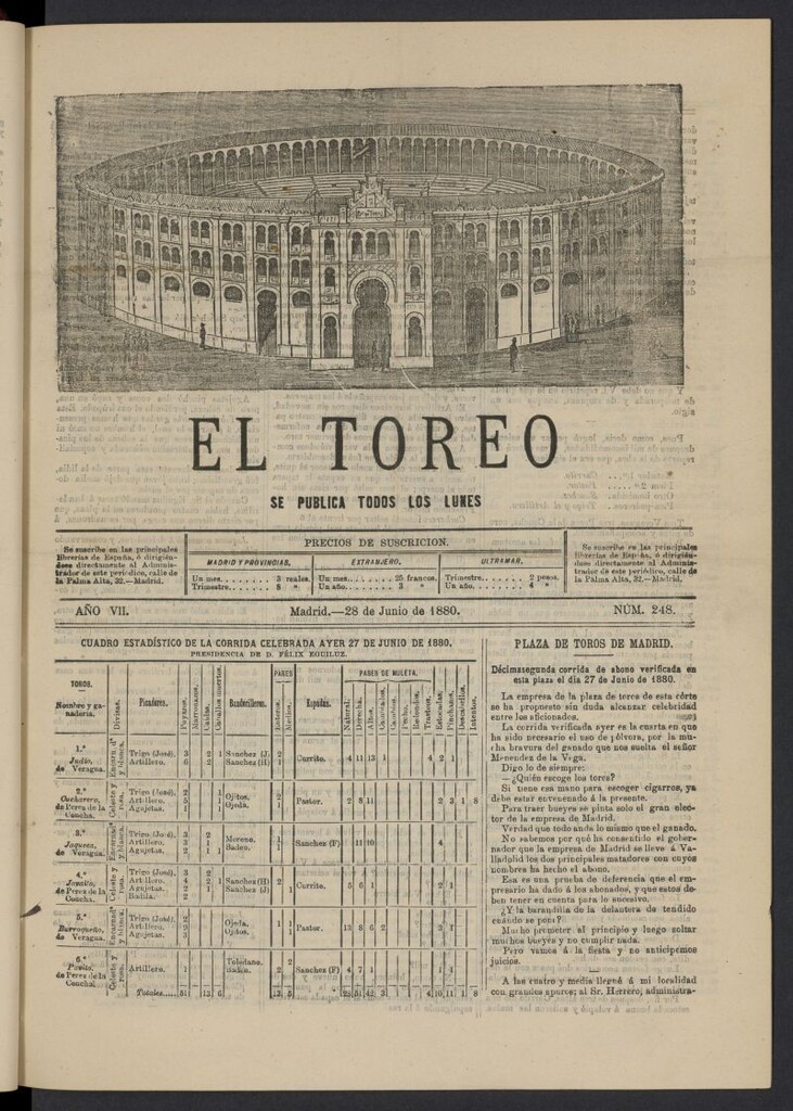 Miniatura de El Toreo: suplemento a "La Correspondencia Teatral" del 28 de junio de 1880, nº 248