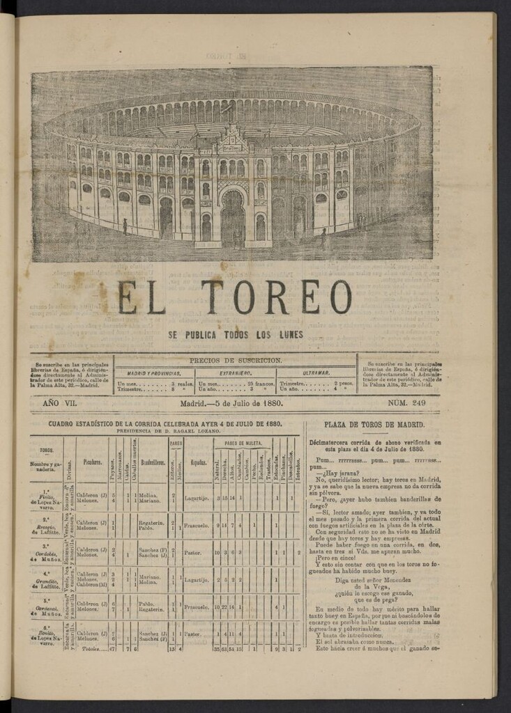 Miniatura de El Toreo: suplemento a "La Correspondencia Teatral" del 5 de julio de 1880, nº 249