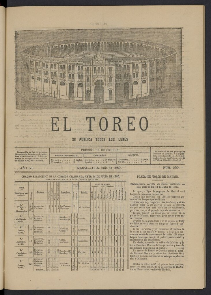 Miniatura de El Toreo: suplemento a "La Correspondencia Teatral" del 12 de julio de 1880, nº 250