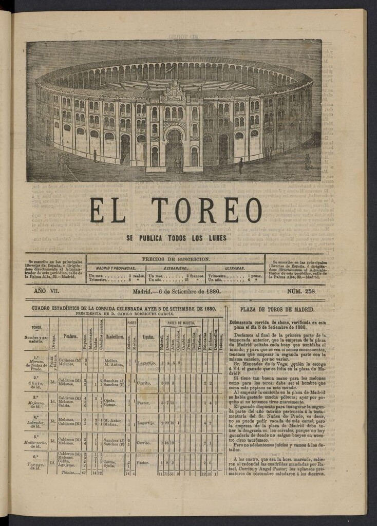 Miniatura de El Toreo: suplemento a "La Correspondencia Teatral" del 6 de septiembre de 1880, nº 258