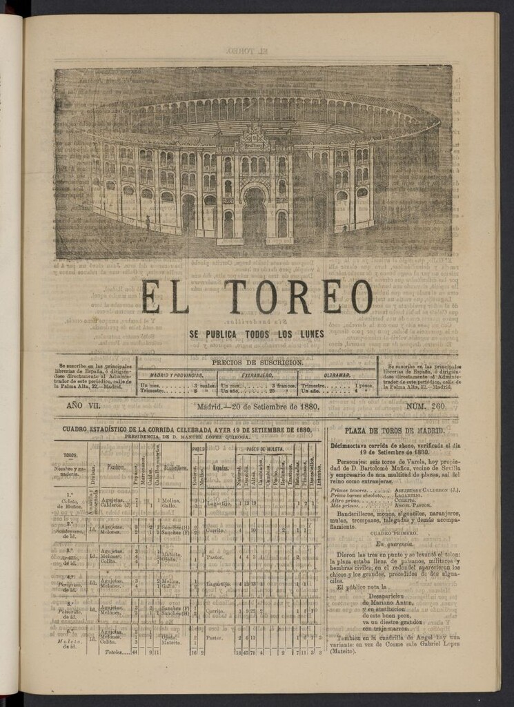 Miniatura de El Toreo: suplemento a "La Correspondencia Teatral" del 20 de septiembre de 1880, nº 260