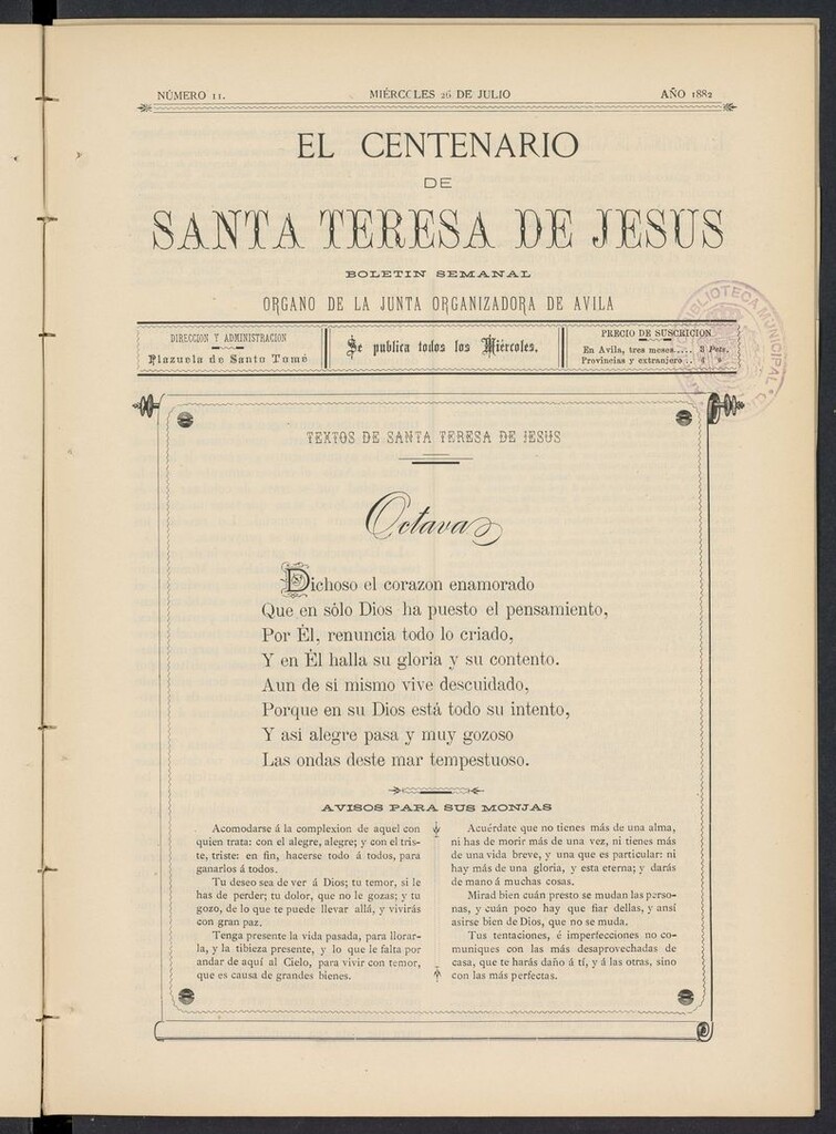 Miniatura de El Centenario de Santa Teresa de Jesús del 26 de julio de 1882