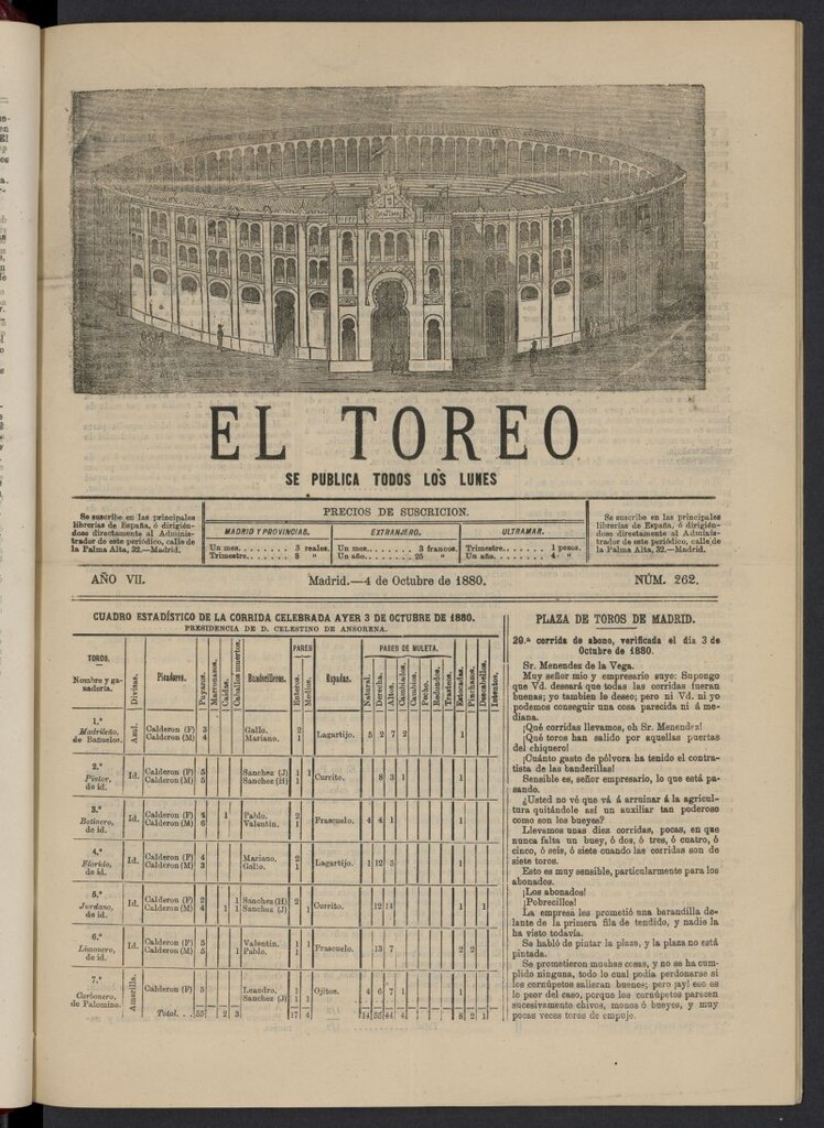 Miniatura de El Toreo: suplemento a "La Correspondencia Teatral" del 4 de octubre de 1880, nº 262