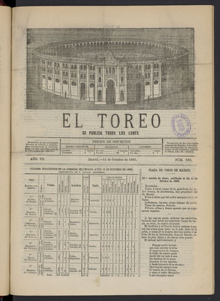 Miniatura de El Toreo: suplemento a "La Correspondencia Teatral" del 11 de octubre de 1880, nº 263