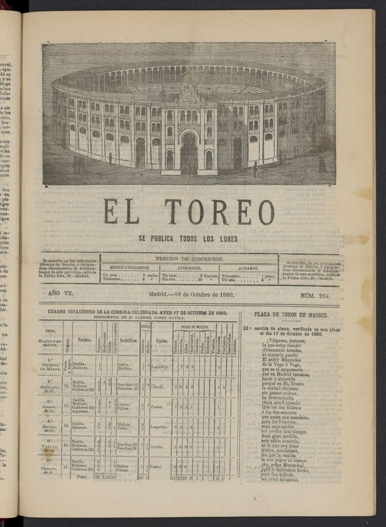 Miniatura de El Toreo: suplemento a "La Correspondencia Teatral" del 18 de octubre de 1880, nº 264