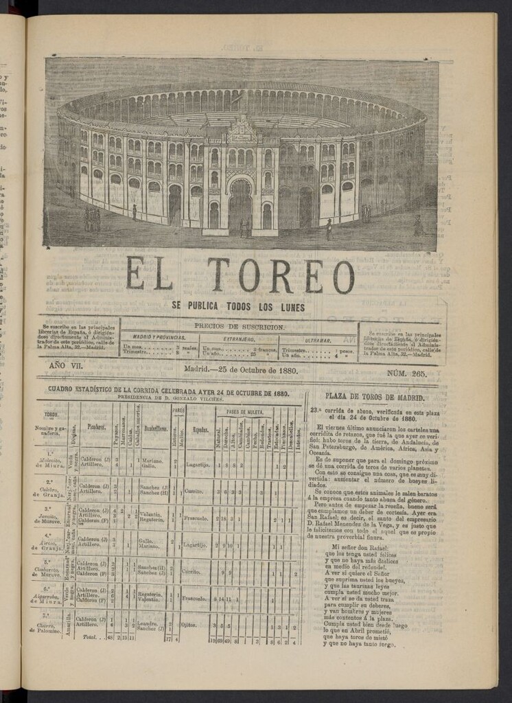 Miniatura de El Toreo: suplemento a "La Correspondencia Teatral" del 25 de octubre de 1880, nº 265