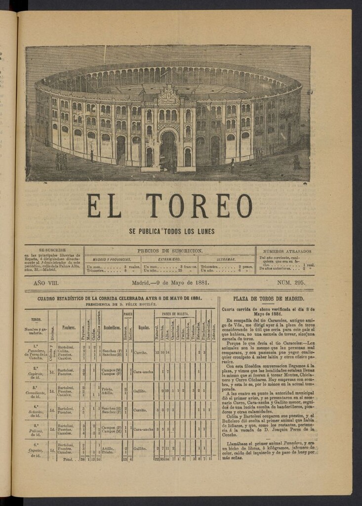 Miniatura de El Toreo: suplemento a "La Correspondencia Teatral" del 9 de mayo de 1881, nº 295