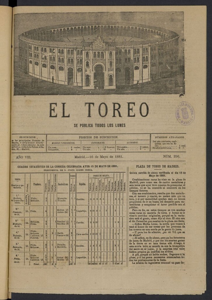 Miniatura de El Toreo: suplemento a "La Correspondencia Teatral" del 16 de mayo de 1881, nº 296