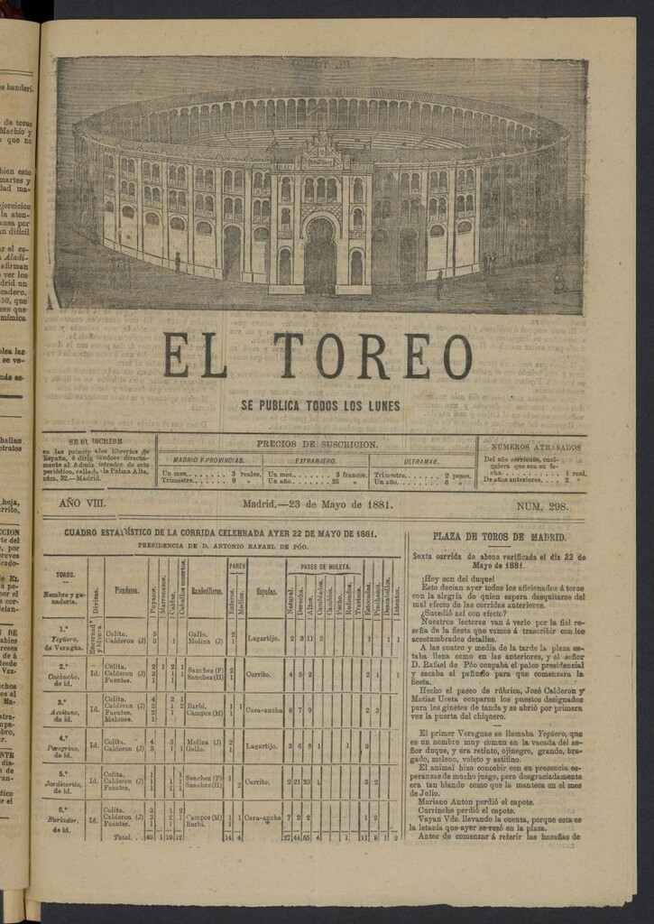 Miniatura de El Toreo: suplemento a "La Correspondencia Teatral" del 23 de mayo de 1881, nº 298