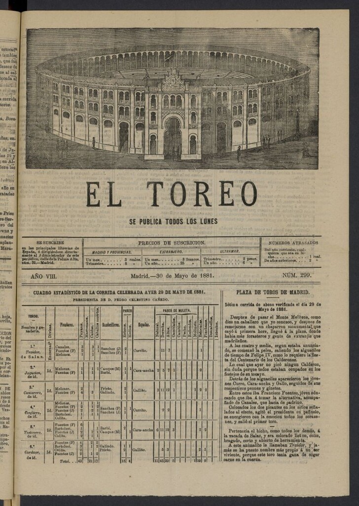 Miniatura de El Toreo: suplemento a "La Correspondencia Teatral" del 30 de mayo de 1881, nº 299