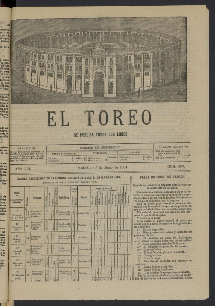 Miniatura de El Toreo: suplemento a "La Correspondencia Teatral" del 1 de junio de 1881, nº 300