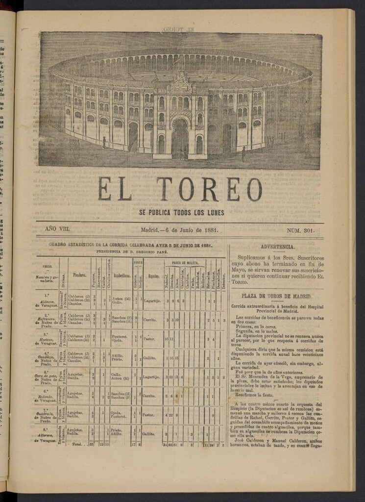 Miniatura de El Toreo: suplemento a "La Correspondencia Teatral" del 6 de junio de 1881, nº 301