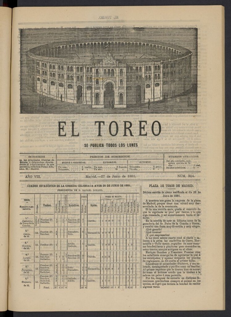 Miniatura de El Toreo: suplemento a "La Correspondencia Teatral" del 27 de junio de 1881, nº 304