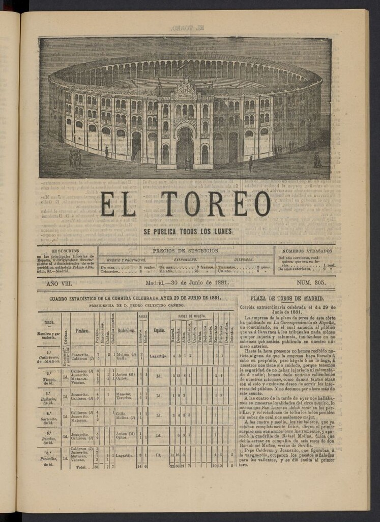 Miniatura de El Toreo: suplemento a "La Correspondencia Teatral" del 30 de junio de 1881, nº 305