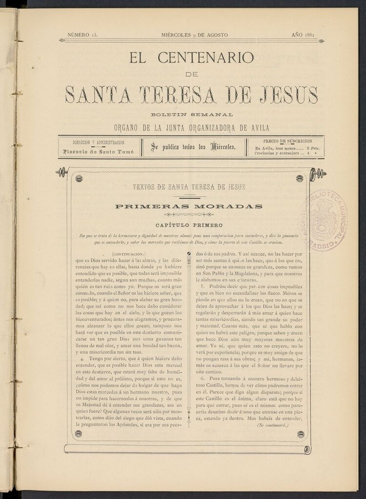 Miniatura de El Centenario de Santa Teresa de Jesús del 9 de agosto de 1882