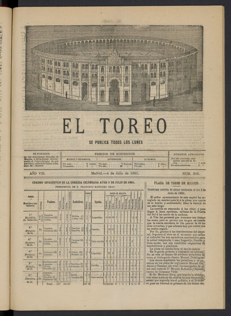 Miniatura de El Toreo: suplemento a "La Correspondencia Teatral" del 4 de julio de 1881, nº 306