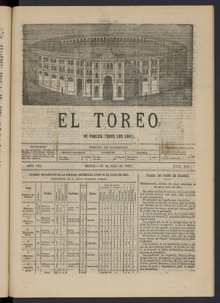 Miniatura de El Toreo: suplemento a "La Correspondencia Teatral" del 21 de julio de 1881, nº 308
