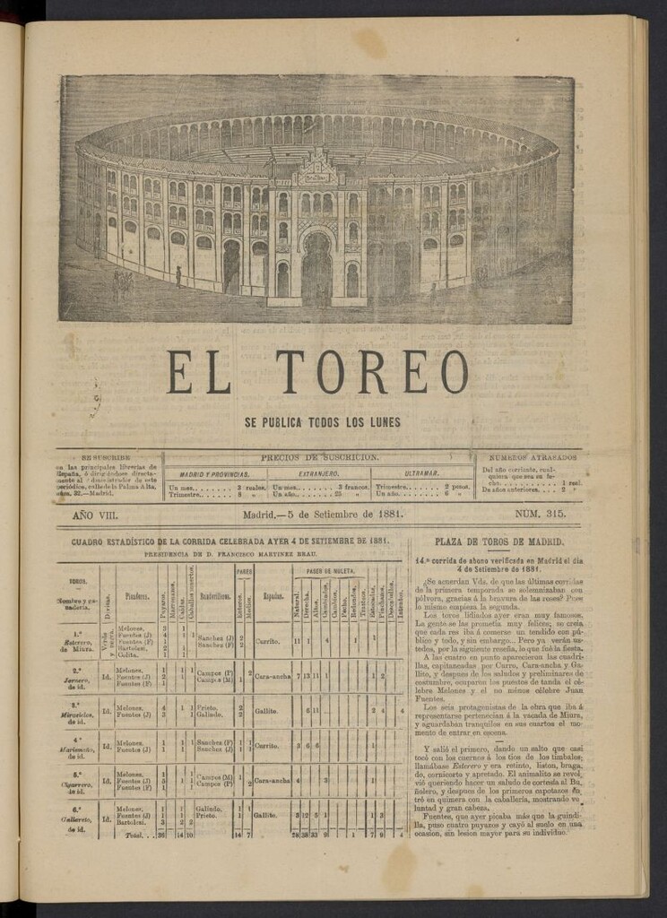 Miniatura de El Toreo: suplemento a "La Correspondencia Teatral" del 5 de septiembre de 1881, nº 315