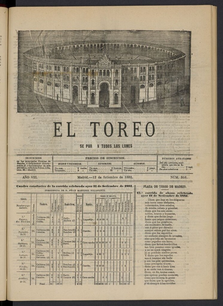 Miniatura de El Toreo: suplemento a "La Correspondencia Teatral" del 12 de septiembre de 1881, nº 316