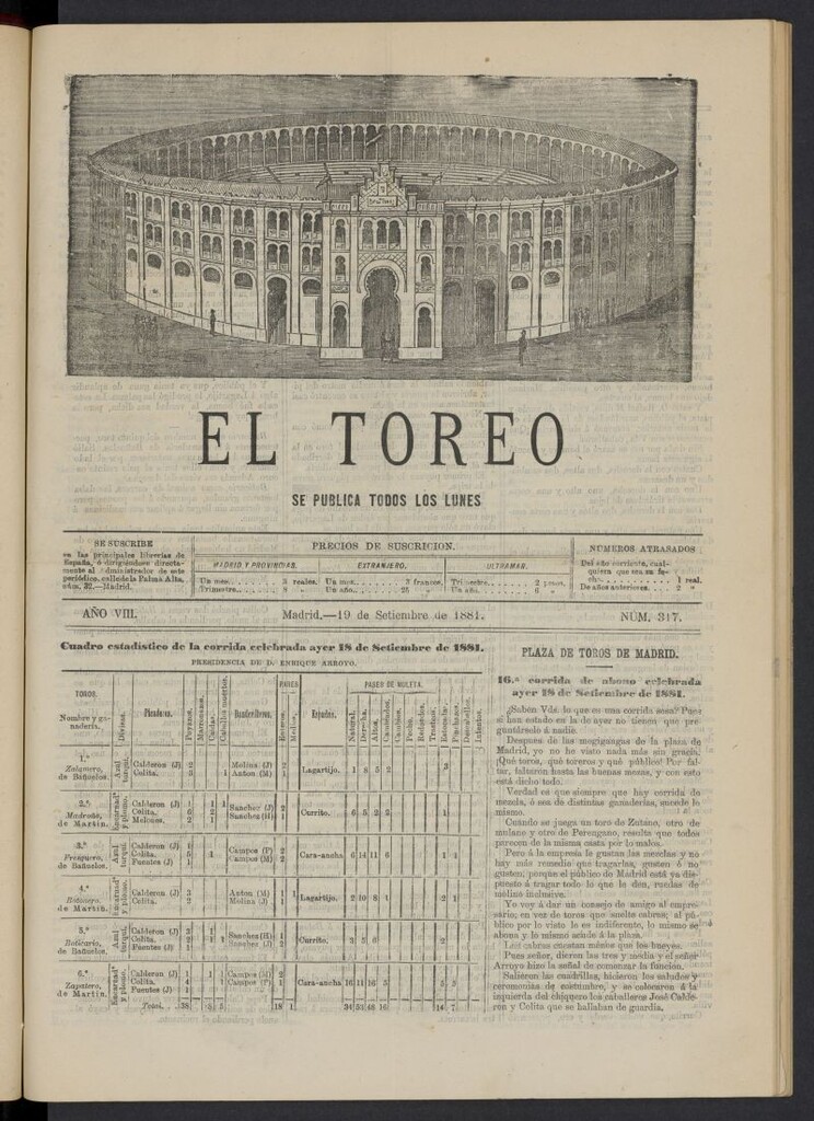 Miniatura de El Toreo: suplemento a "La Correspondencia Teatral" del 19 de septiembre de 1881, nº 317