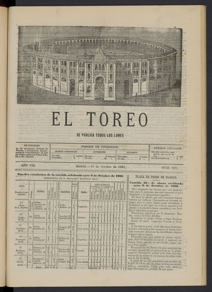 Miniatura de El Toreo: suplemento a "La Correspondencia Teatral" del 10 de octubre de 1881, nº 320