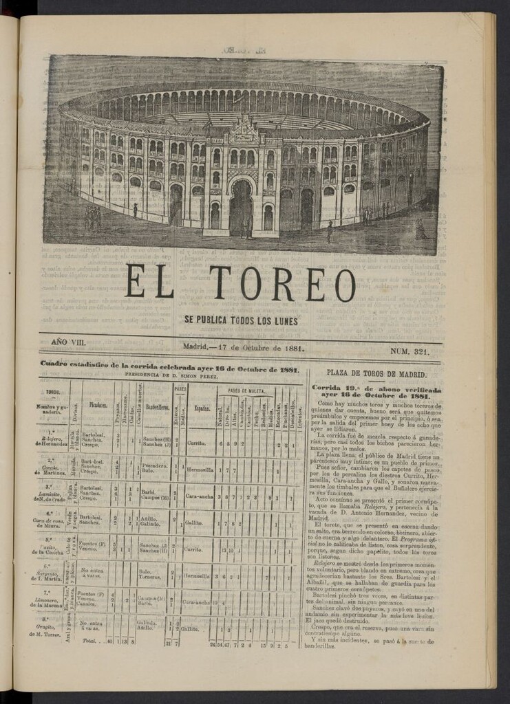 Miniatura de El Toreo: suplemento a "La Correspondencia Teatral" del 17 de octubre de 1881, nº 321