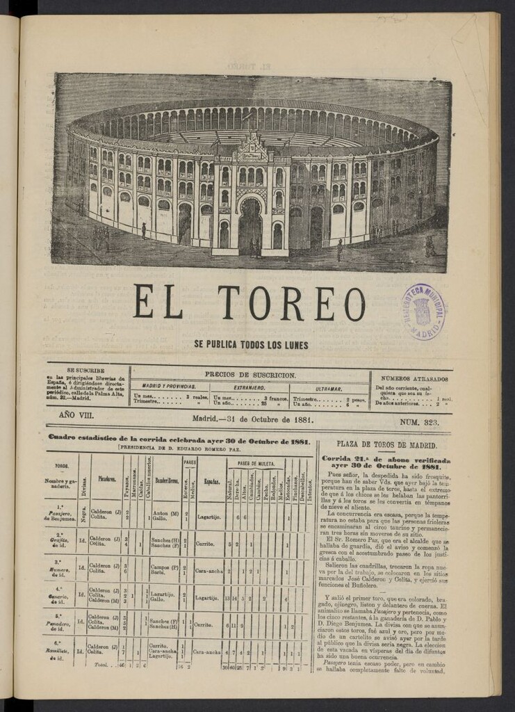 Miniatura de El Toreo: suplemento a "La Correspondencia Teatral" del 31 de octubre de 1881, nº 323