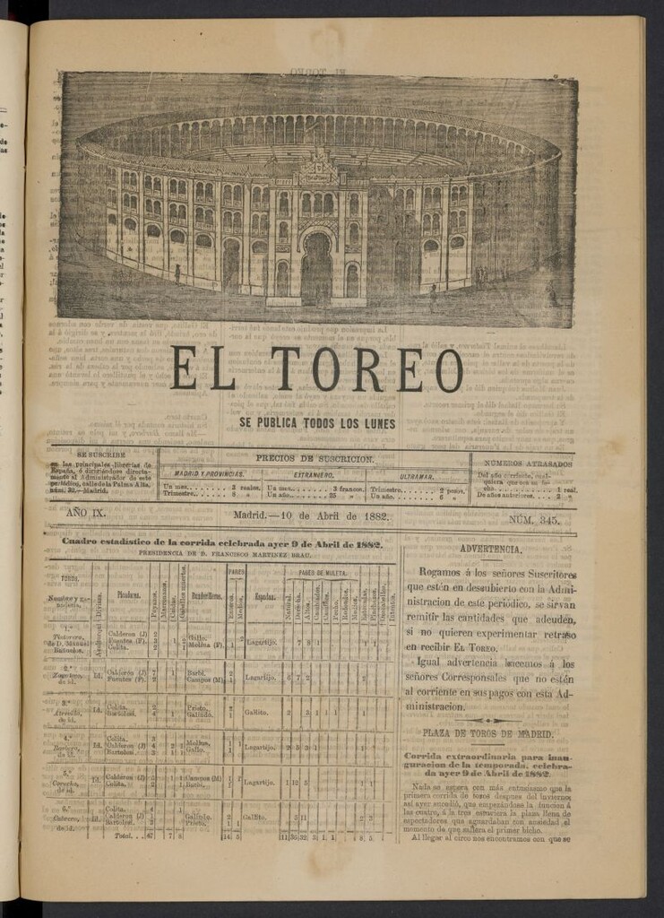 Miniatura de El Toreo: suplemento a "La Correspondencia Teatral" del 10 de abril de 1882, nº 345
