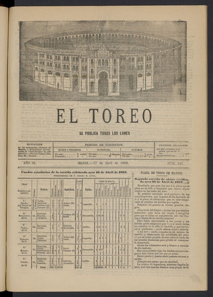 Miniatura de El Toreo: suplemento a "La Correspondencia Teatral" del 17 de abril de 1882, nº 347