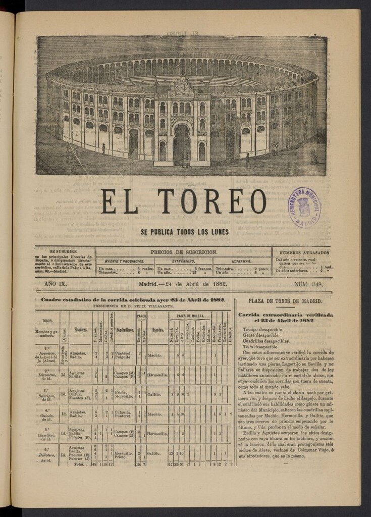 Miniatura de El Toreo: suplemento a "La Correspondencia Teatral" del 24 de abril de 1882, nº 348