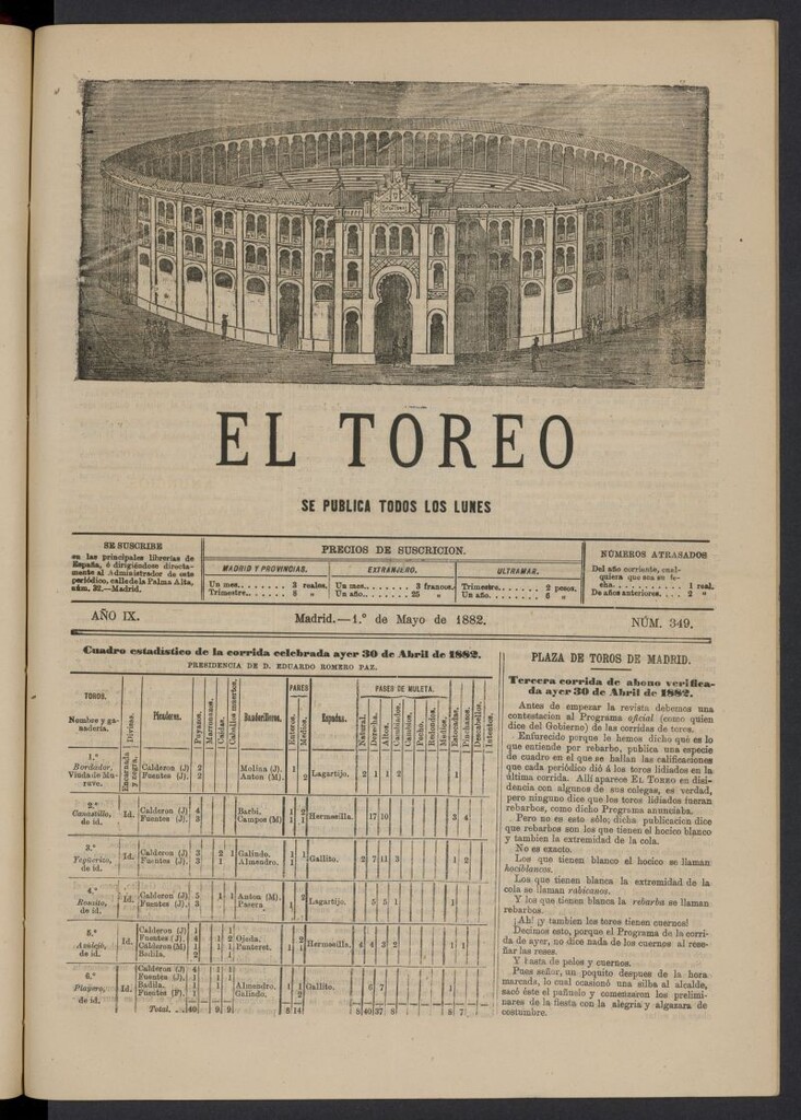 Miniatura de El Toreo: suplemento a "La Correspondencia Teatral" del 1 de mayo de 1882, nº 349