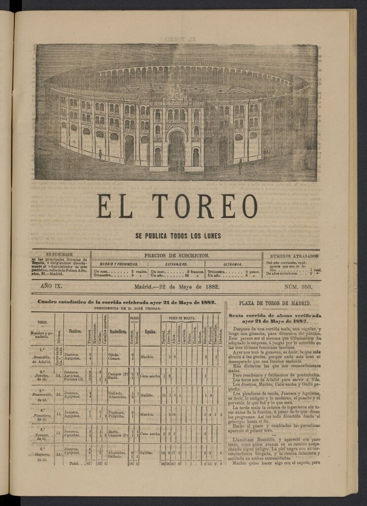 Miniatura de El Toreo: suplemento a "La Correspondencia Teatral" del 22 de mayo de 1882, nº 353